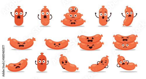 A collection of adorable cartoon sausages displaying a wide range of funny and expressive emotions