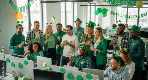 Diverse team celebrates st. patrick's day with green attire, drinks and festive decorations in a modern office setting