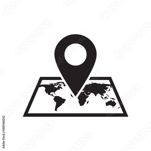 Black and White World Map with Location Pin Icon