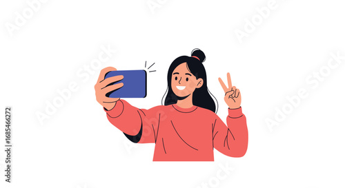 Young woman capturing a happy moment with her smartphone making a peace sign gesture