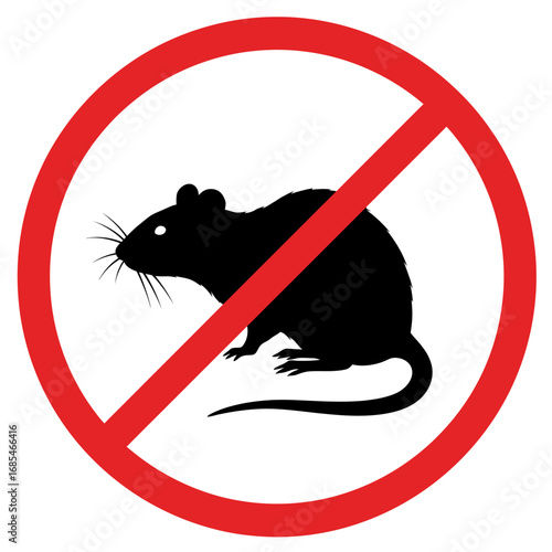 Black silhouette of a rat inside a red prohibition circle with a diagonal line indicating no rats allowed