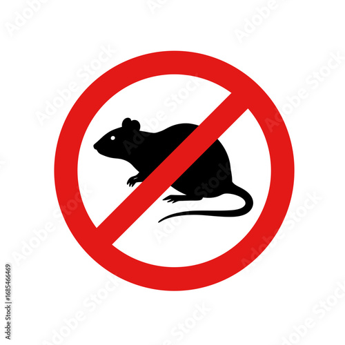 Black silhouette of a rat crossed out with a red prohibition sign on a white background