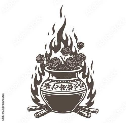 Intricate illustration depicting a decorative pot of roses surrounded by flames on a white background