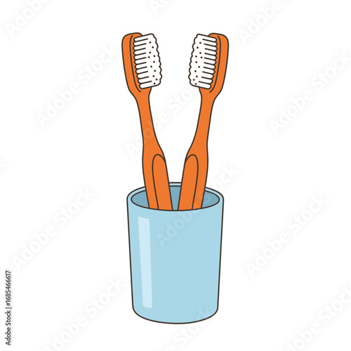 Two orange toothbrushes standing upright in a light blue cup for dental hygiene