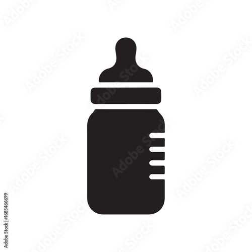 Simple Black Baby Bottle Icon with Nipple and Measurement Markings