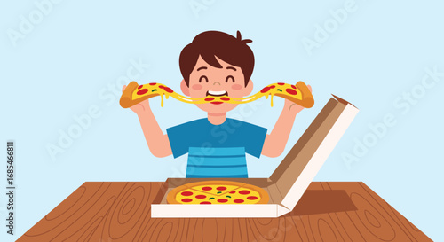 Young boy enthusiastically enjoying a delicious cheesy pizza treat from a takeout box