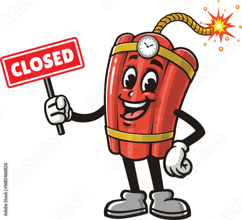 TNT Dynamite mascot cartoon holding a closed sign