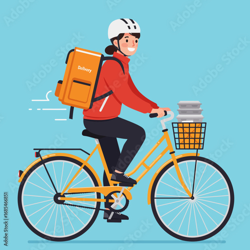 Friendly delivery person on a bicycle with a large orange insulated backpack and front basket