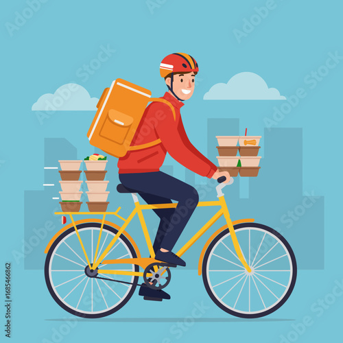 Smiling delivery man on a bicycle with a large orange insulated bag carrying food orders