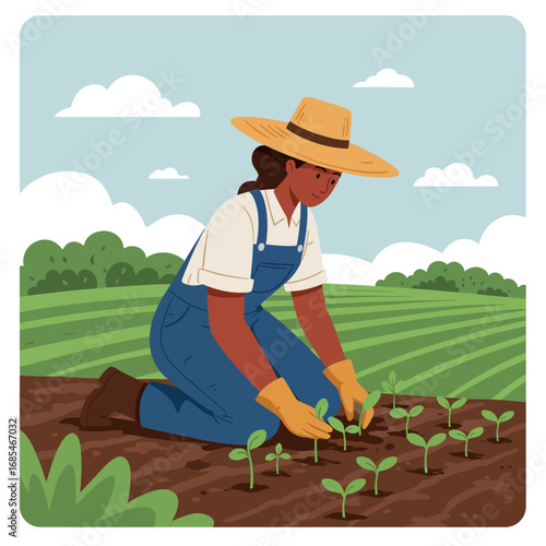 Young woman farmer wearing a straw hat and overalls plants seedlings in a lush green field under a blue sky