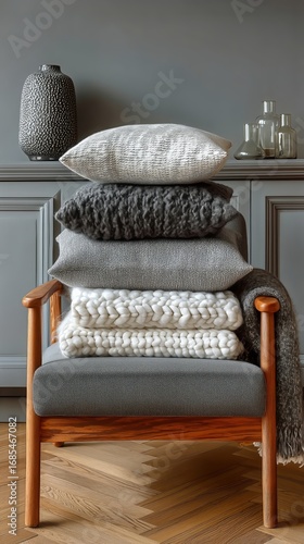 Cozy Living Room Chair With Layered Throw Blankets and Decorative Pillows in ...