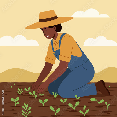 A farmer wearing a straw hat and overalls kneels in a field planting small green seedlings under a cloudy sky
