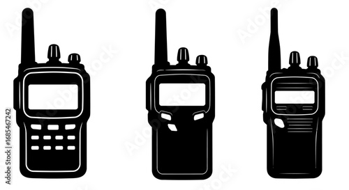 Three black silhouette illustrations of portable two way radios or walkie talkies on a white background