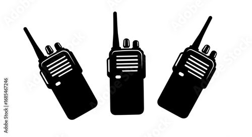 Three black silhouette walkie talkies arranged in a pattern on a white background