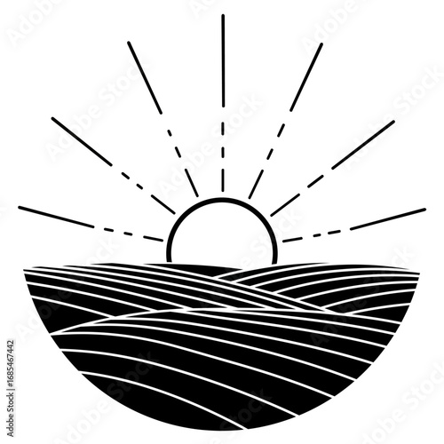 Stylized black and white graphic of a sun rising over rolling hills or waves