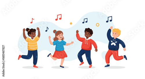 Children energetically dancing and having fun together with musical notes floating around them
