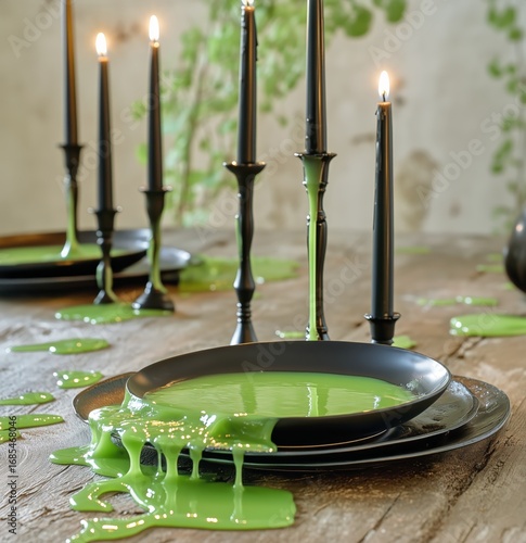 Halloween Dinner Table Setup With Dripping Green Candles and Eerie Decor.