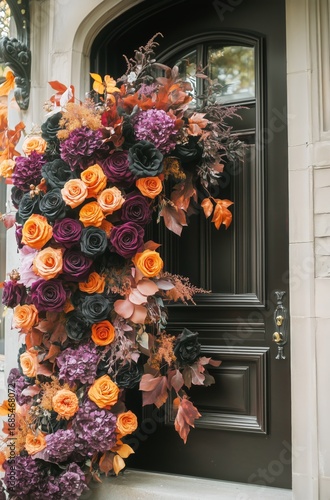 Beautiful Floral Arrangement on a Doorway in Autumn Colors for Seasonal Decor...