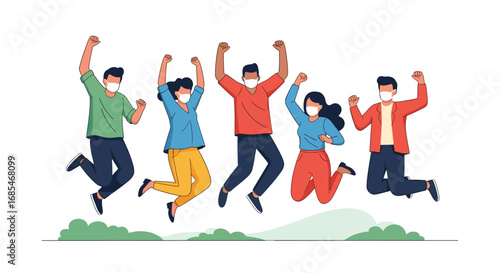 People celebrating together wearing face masks showing happiness and unity during difficult times