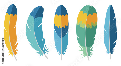 Collection of five colorful tropical bird feathers in various shapes and vibrant blue yellow and green hues