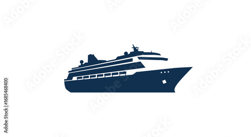Modern navy blue cruise ship silhouette sailing on a white background representing travel and leisure