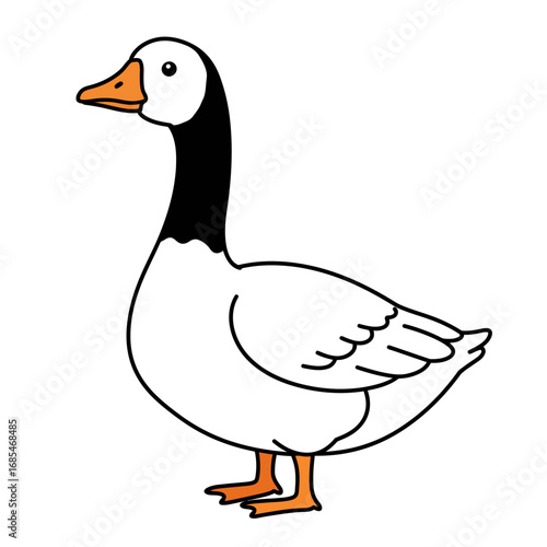 Charming cartoon illustration of a white goose with a black neck and orange beak standing gracefully