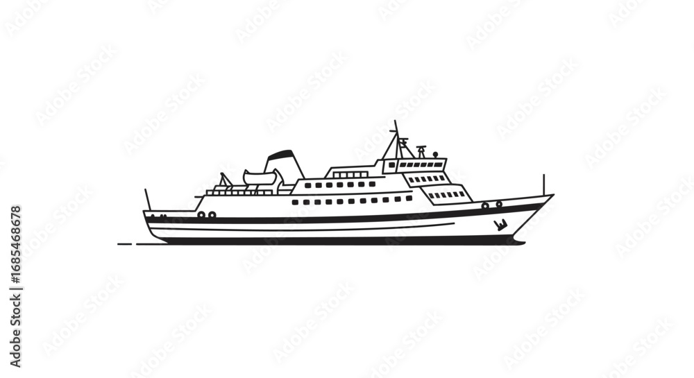 Fototapeta premium Classic passenger ship illustration with multiple decks and funnels on a white background