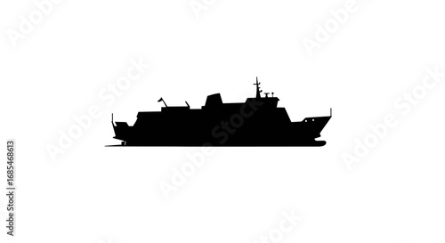 Silhouette of a large ferry boat sailing across the water against a stark white background