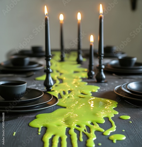 Spooky Halloween Dining Table With Green Ooze and Black Candles Filling the A...