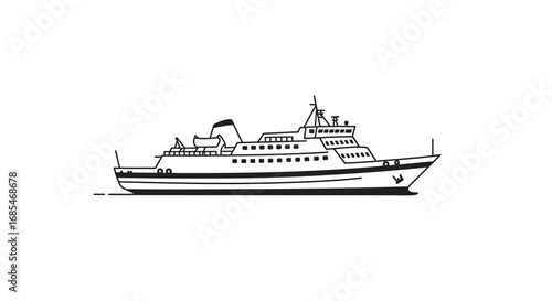 Classic passenger ship illustration with multiple decks and funnels on a white background