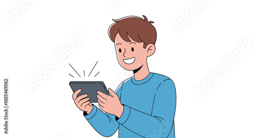 Young person enjoying digital entertainment on a portable device with a joyful expression