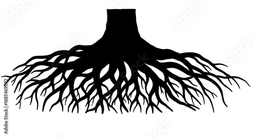 Silhouette of a tree trunk with a complex network of exposed spreading roots against a white background