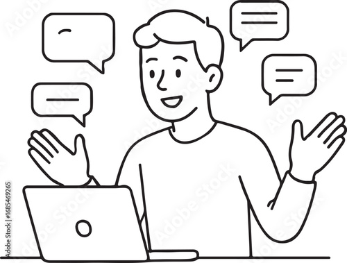 Man interacting online with speech bubbles and laptop communicating ideas and thoughts