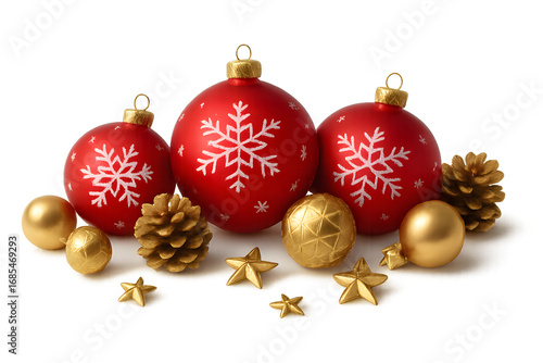 Festive red christmas ornaments with white snowflakes and golden pine cones and stars isolated on transparent background