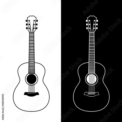Two acoustic guitars one in a bold black outline on white the other in white on black