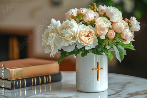 Elegant White Peonies in a Stylish Vase Beside Vintage Books in a Well-Lit Room.