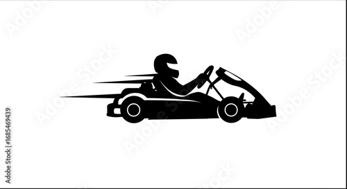 Silhouette of a go kart racer in a helmet speeding with motion blur on a white background