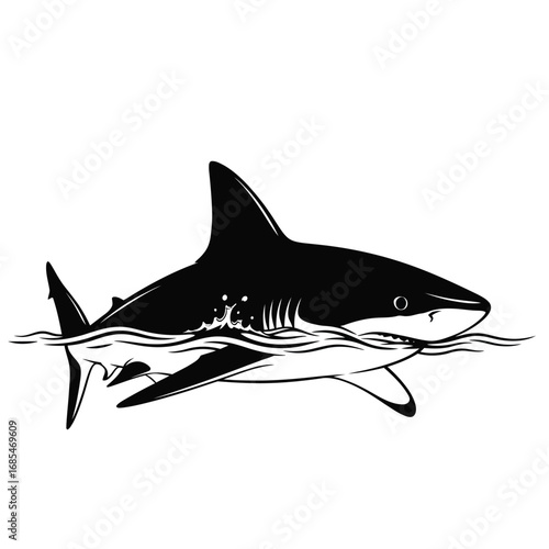 Black and white illustration of a shark swimming in water