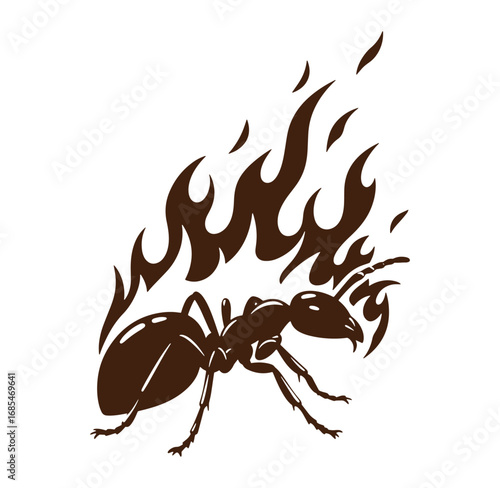 Stylized illustration of a brown ant with flames emanating from its back on white background