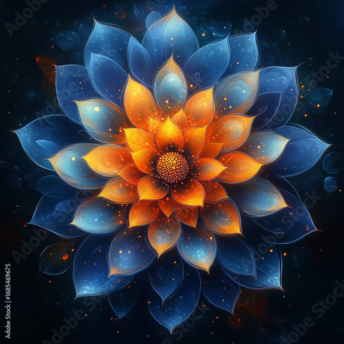 Vibrant blue and orange lotus flower glows with cosmic energy in a dark abstract space.