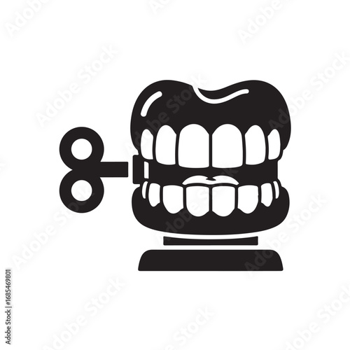 Black and White Illustration of a Wind-Up Chattering Teeth Toy