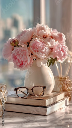 Decorative Eyeglasses Resting on a Stack of Books Near a Bouquet of Peonies i...