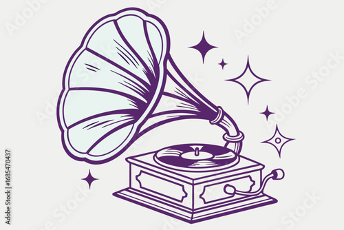 Vector art of vintage gramophone illustration with decorative stars, , evoking nostalgia, music history, and classic audio technology with artistic flair