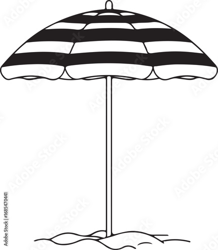 Classic striped beach umbrella providing shade on a sandy shoreline