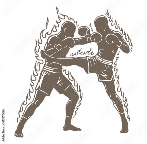 Vector illustration depicting two fighters engaged in intense muay thai combat silhouette style
