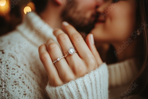 Romantic Couple Shares a Moment While Showing an Engagement Ring in a Cozy Se...