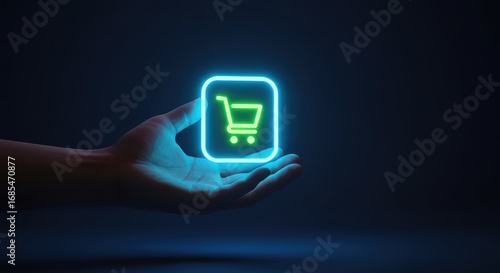 Digital Shopping Icon: A human hand delicately cradles a glowing neon shopping cart icon, set against a dramatic dark backdrop, highlighting the ease and convenience of online retail.