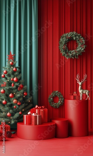 Festive Holiday Display Featuring Red Backdrop, Decorated Tree, and Decorativ...