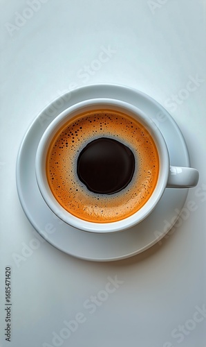 Rich Brewed Coffee in a White Mug Sitting on a Smooth Light Surface in the Mo...