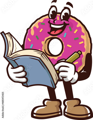 Donuts mascot cartoon holding a book